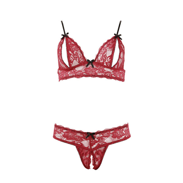 Soutien-gorge, bonnets ouverts, en dentelle rouge et string assorti 